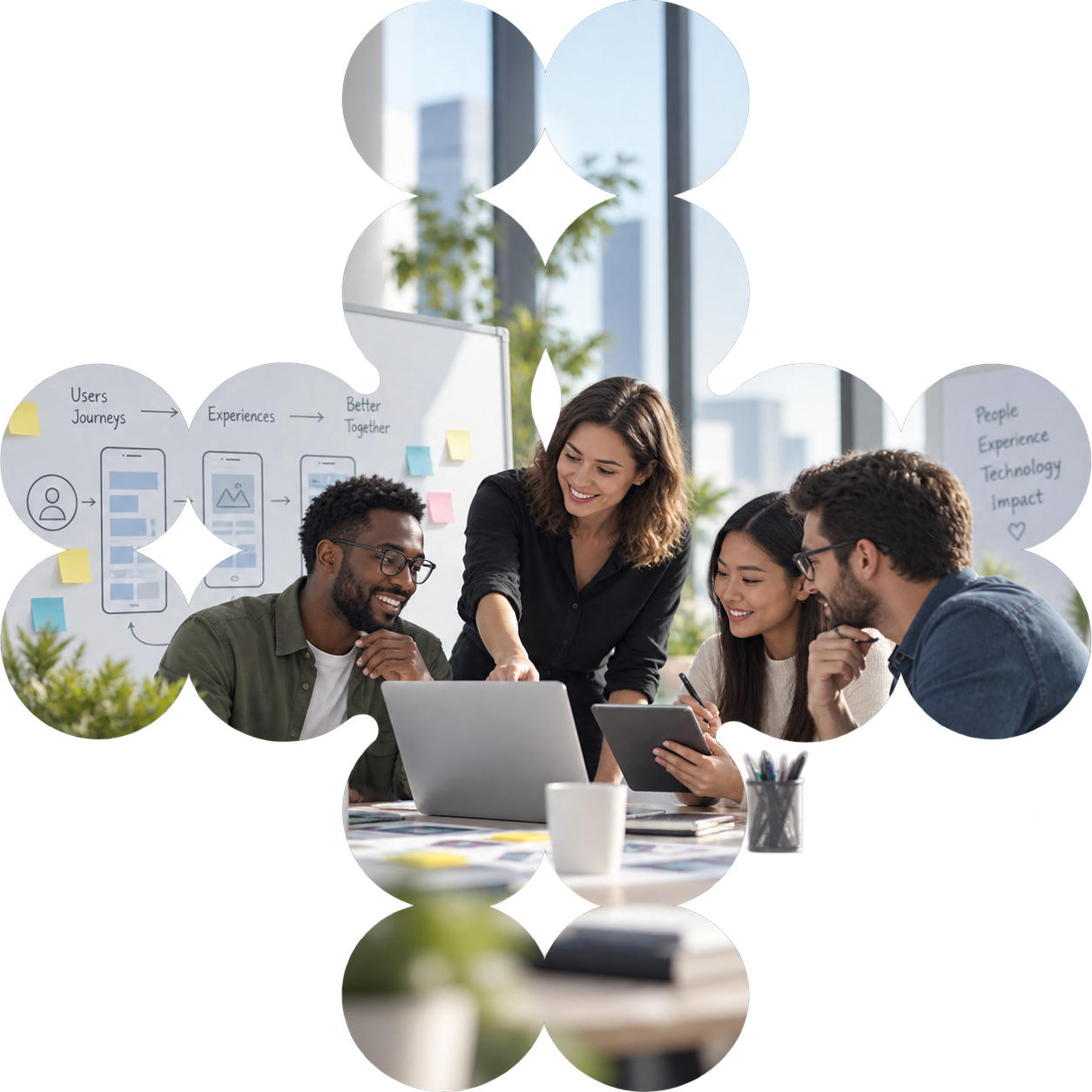 Collaborative team working around shaped brand glyphs