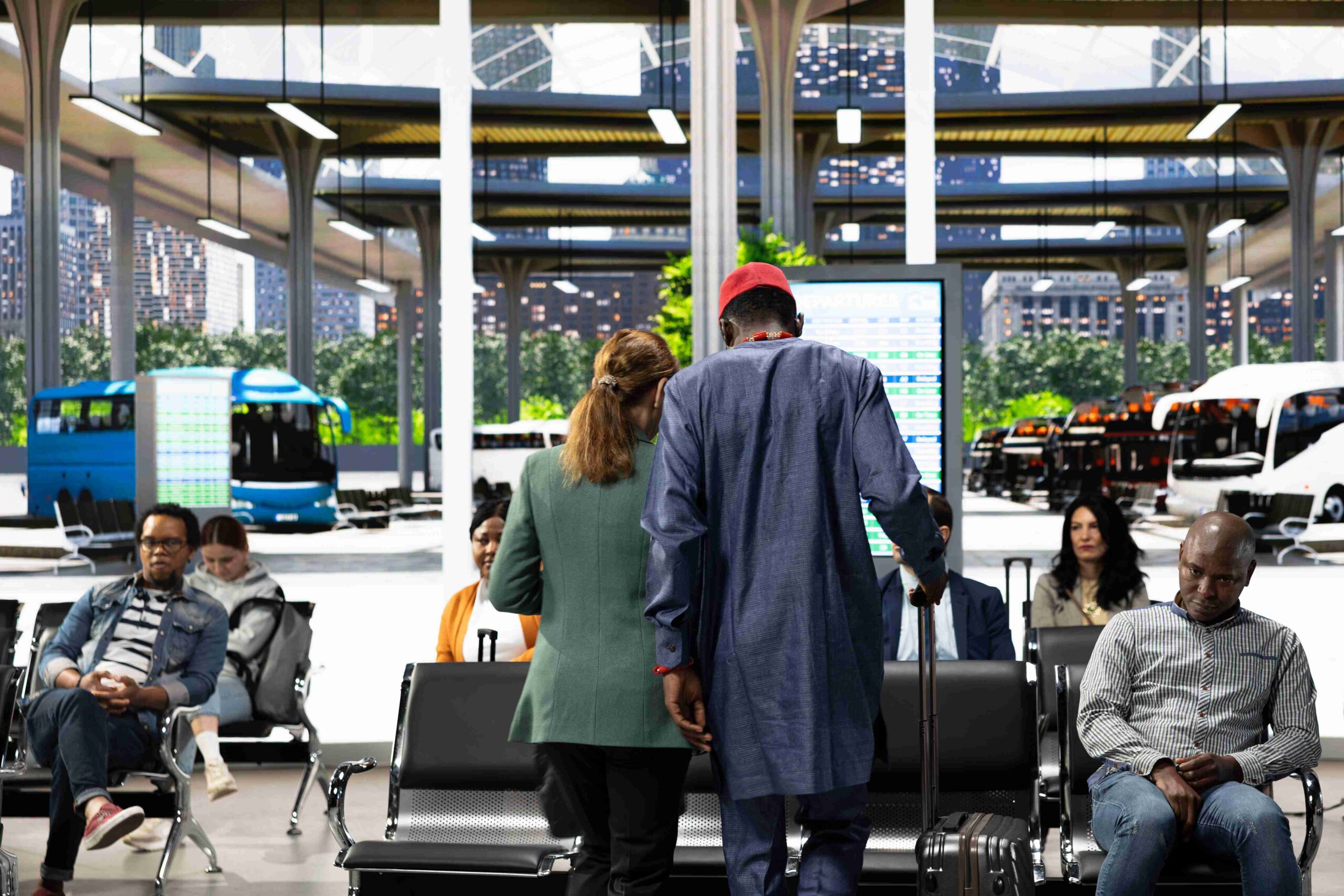 Commuters waiting in a modern transport hub